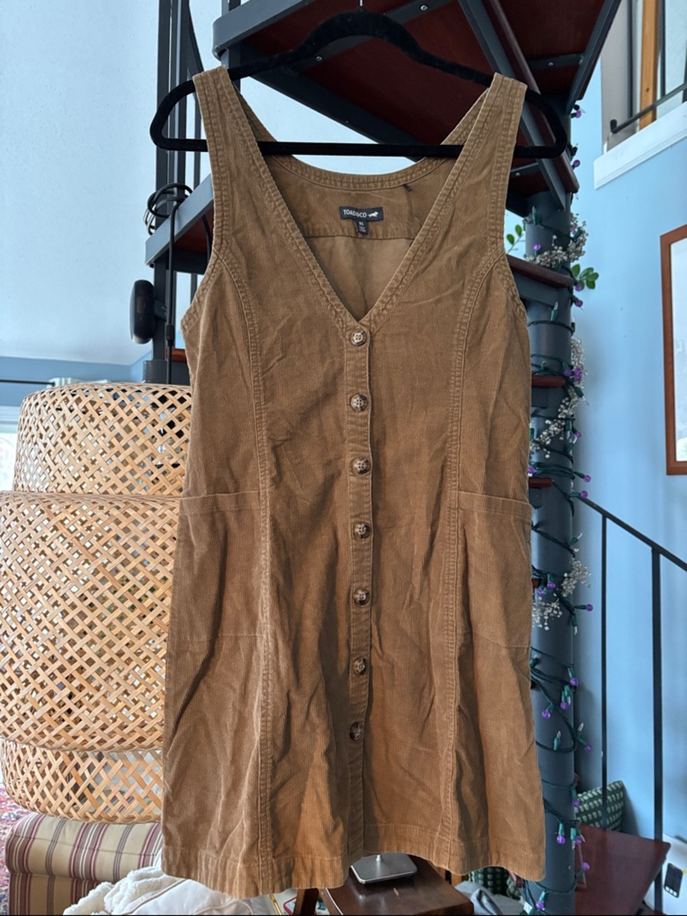 Toad&Co Corduroy V-Neck Button Front Dress in Brown
